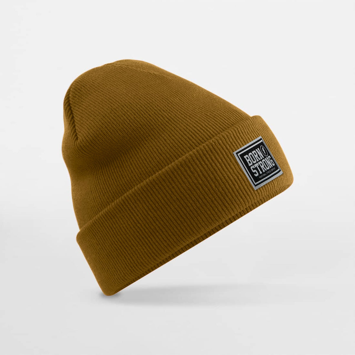 Born Strong Classic Beanie senf mit Patch – Functional Fitness Mütze