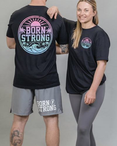 Born Strong Sunset Wave T-Shirt Sommer Print Palmen pink türkis schwarz